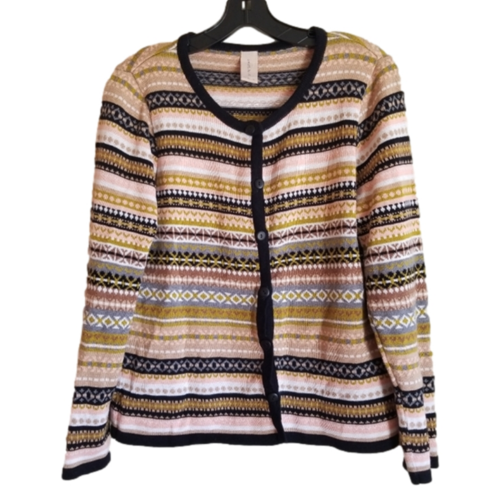 Danish Knit Skovhuus Intarsia Cardigan Button Front Light Knit Size Medium